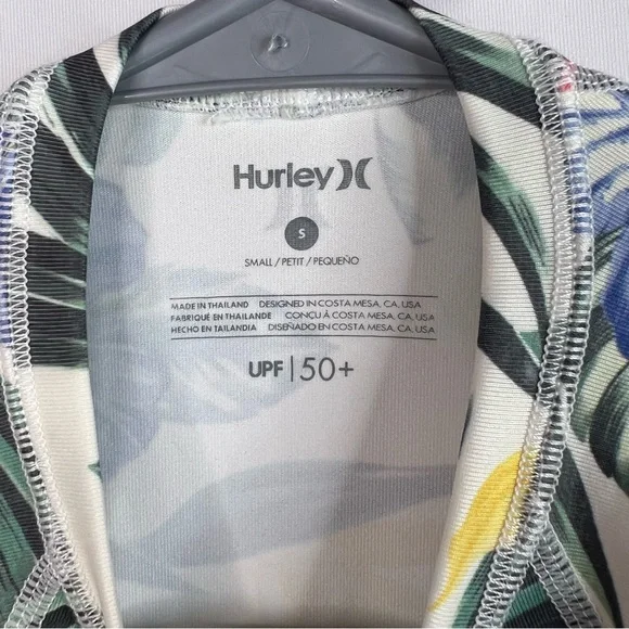 Hurley rash guard swim shirt Cream T-Shirt with Green and Blue Tropical Print - Picture 7 of 9